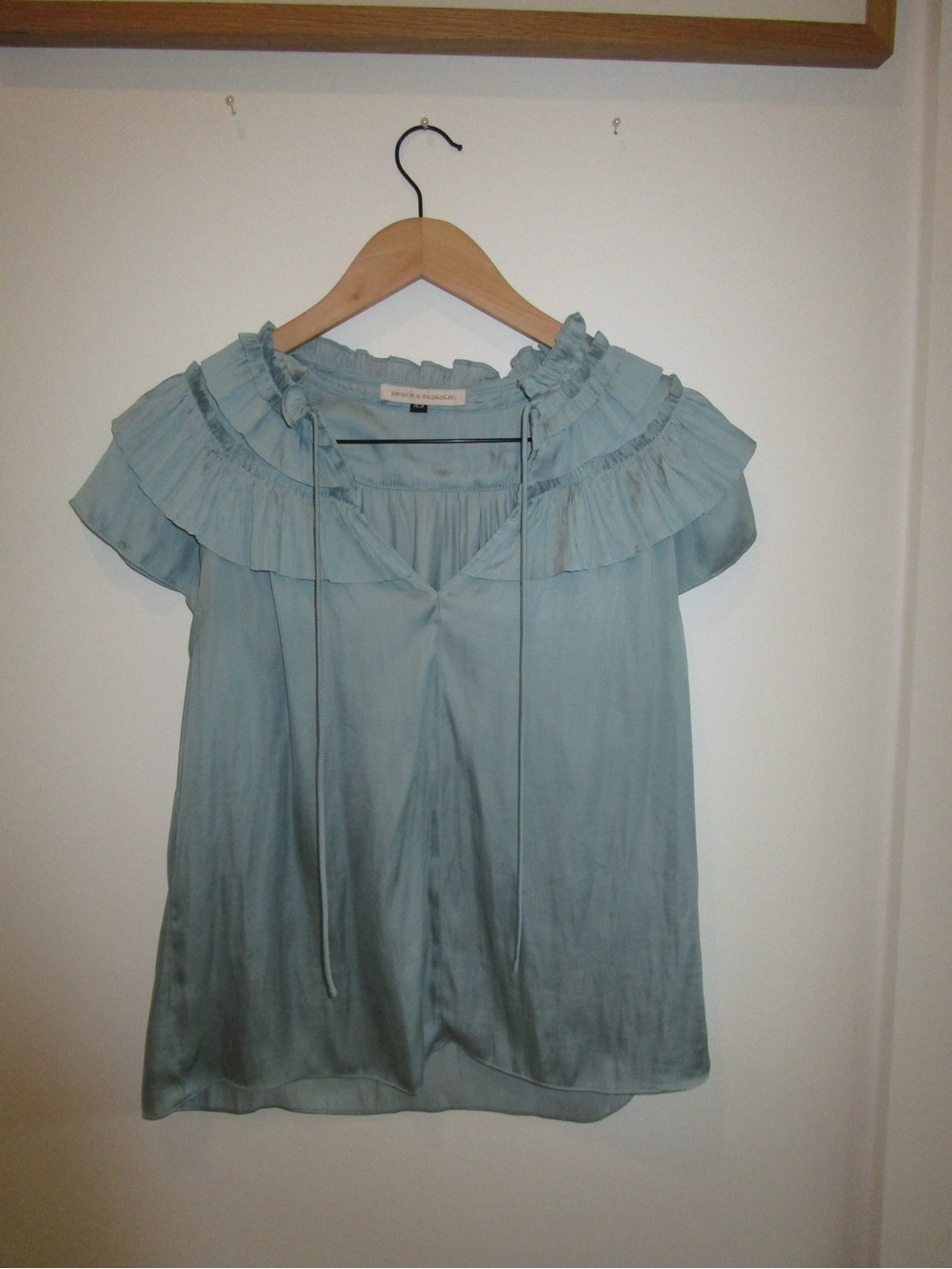 Women’s Light Blue Ruffle-Neck Blouse with Tie